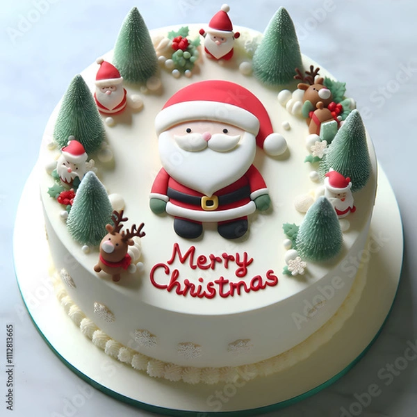 Fototapeta Snowman and Santa Claus with a Christmas tree in a festive winter scene