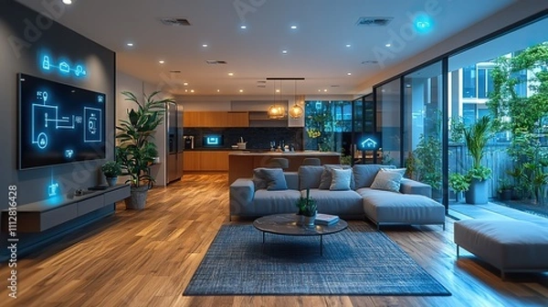 Fototapeta luminous smart home icons on the background of the kitchen and living room concept of automation and hi tech 3d rendering toned image double exposur