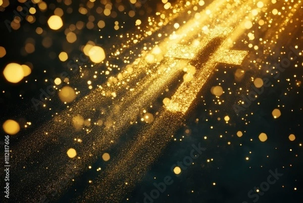 Fototapeta Glowing Cross Illuminated by Radiant Golden Light and Particles in a Dark Abstract Background