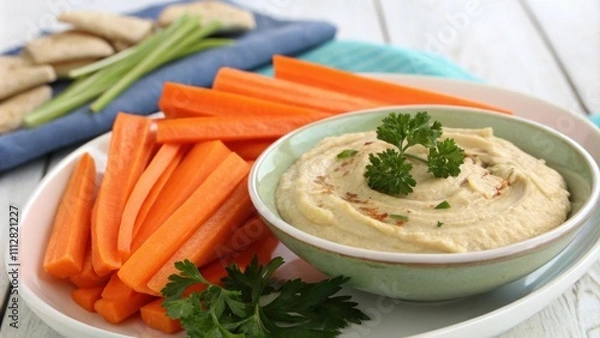 Fototapeta Creamy hummus served with fresh carrot sticks and pita bread on a rustic platter