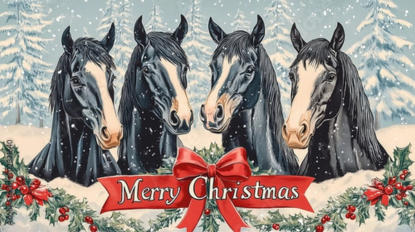Fototapeta Illustration of four black horses. Christmas wallpaper for laptop and desktop computers. 16:9 ratio.