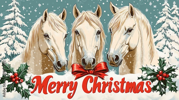 Fototapeta Illustration of three white horses. Christmas wallpaper for laptop and desktop computers. 16:9 ratio.