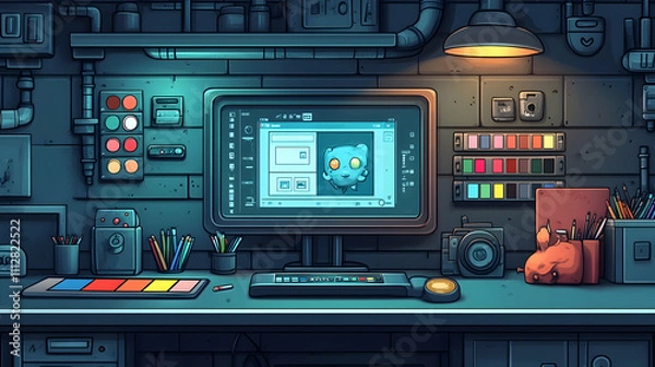 Obraz Digital art workspace with computer, tools, and character design in progress.