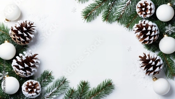 Fototapeta A festive Christmas tree framed by baubles, set against a clean white background, creating a bright and joyful holiday atmosphere.
