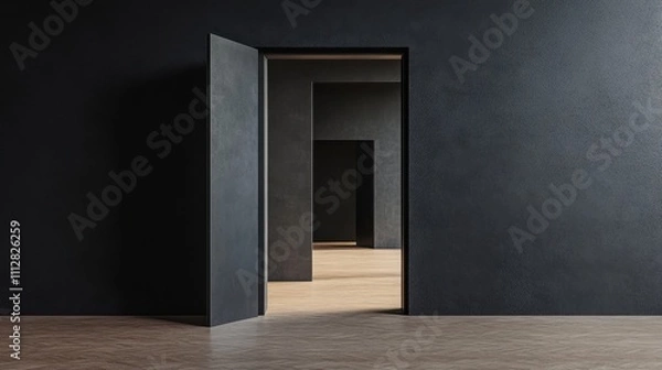 Fototapeta Mysterious Dark Room Interior Design with Open Doorway Leading to a Series of Rooms, Minimalist Architecture Concept