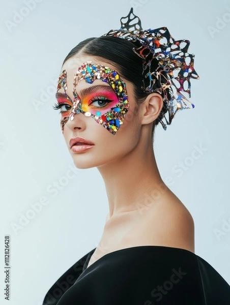 Fototapeta Elegant studio portrait of a woman wearing vibrant makeup and a unique artistic headpiece