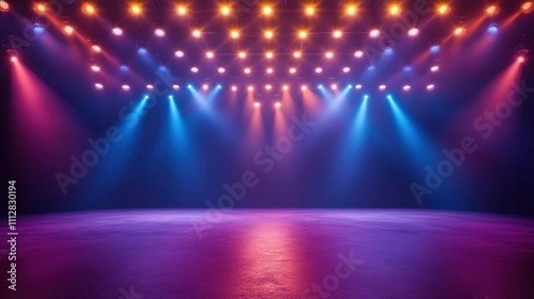 Fototapeta Vibrant and dynamic stage lighting in shades of blue and orange, creating a lively atmosphere for performances.