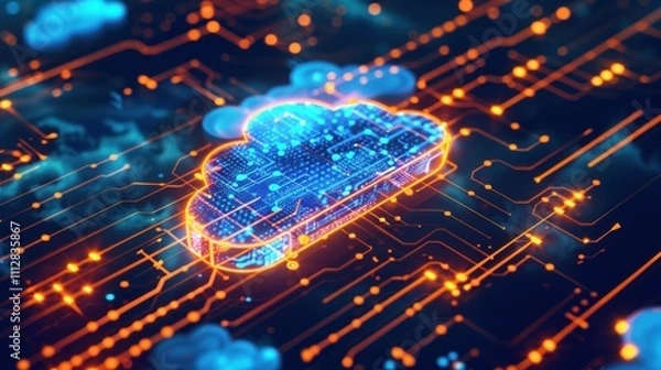 Fototapeta cloud computing, digital technology, network connectivity, data storage, abstract background, futuristic design, glowing elements, circuit board, blue and orange colors, technology concept