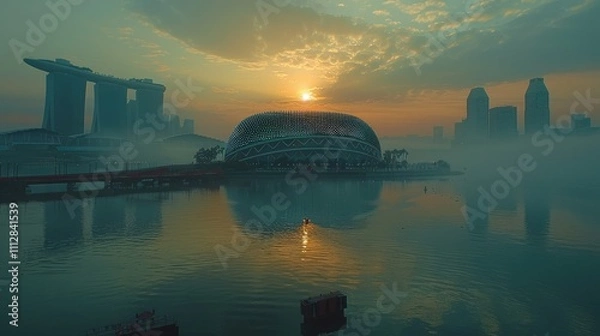 Obraz Sunrise over futuristic cityscape with fog, reflecting on calm water.