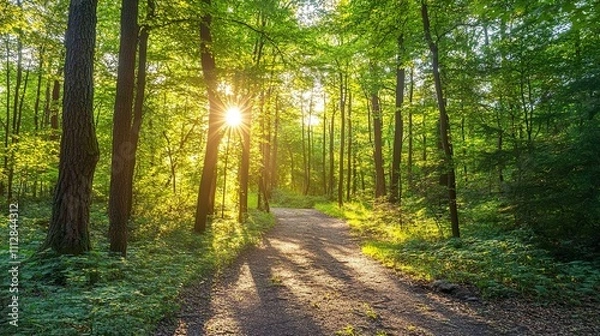 Obraz Tranquil forest path illuminated by soft sunlight filtering through trees