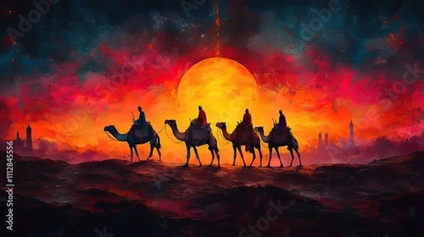 Fototapeta three wise men camel caravan in the desert at sunset digital watercolor painting