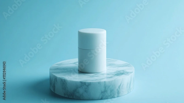 Fototapeta White Container on Marble Pedestal Against a Light Blue Background Creating a Modern Aesthetic
