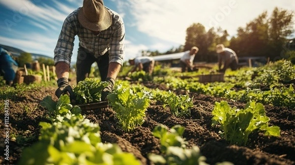 Fototapeta Farmers harvesting organic produce, using traditional techniques and natural methods to maintain soil health.