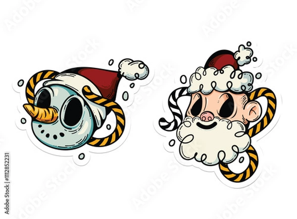 Obraz Bright and stylish vector stickers with Santa Claus and a snowman: a festive mood in every stroke! Colorful illustrations, highlighted on a light background, are ideal for decoration and design