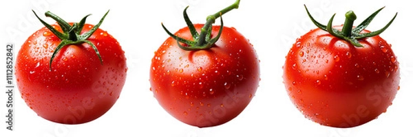 Obraz Set of red tomato with glistening droplets of water isolated on a transparent background