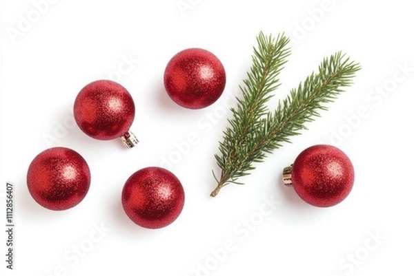 Obraz Red christmas baubles an pine isolated on white background 