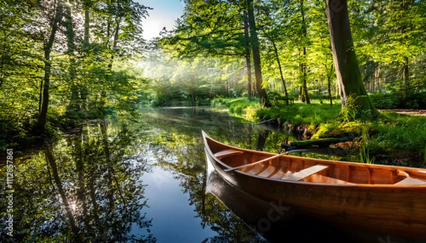 Obraz In the serene Spreewald, a small wooden canoe quietly rests by the shimmering waters, surrounded by lush greenery, bathed in soft morning light, inviting exploration and tranquility