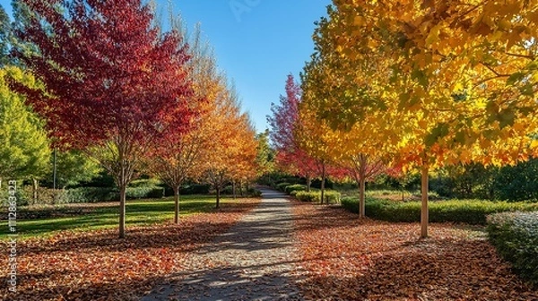 Fototapeta A vibrant autumn landscape with colorful trees lining a path and a carpet of fallen leaves underfoot.