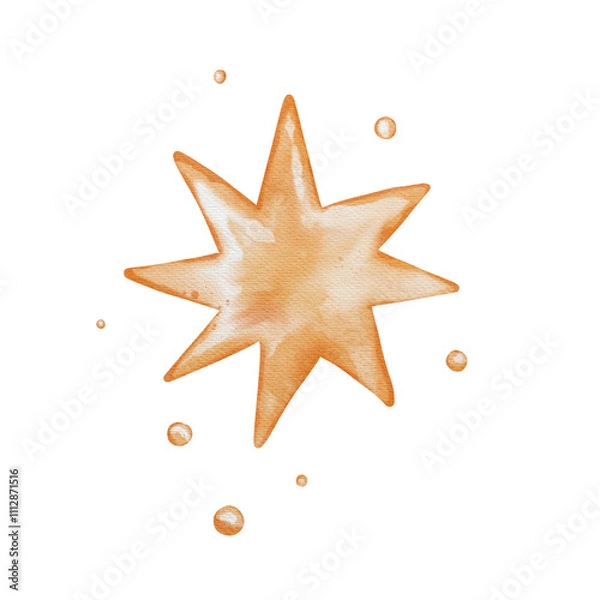 Fototapeta Watercolor hand drawn golden star isolated on white background. Cartoon image of stars in watercolor style, for stickers, prints and other typography