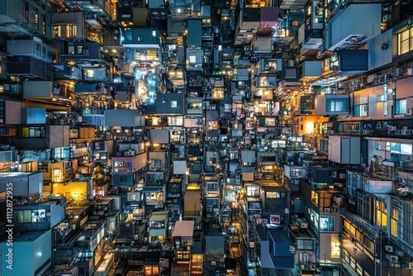 Fototapeta Dense city buildings, illuminated at night.