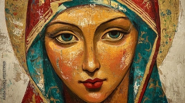 Obraz  A painting of a woman's face with blue eyes