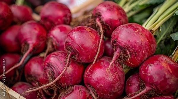 Fototapeta A wooden box filled with lots of red beets