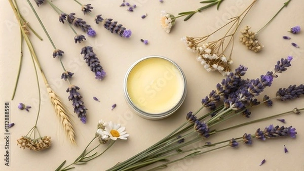 Obraz Open tin of beeswax balm surrounded by lavender sprigs