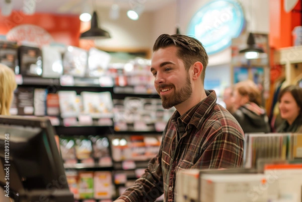 Fototapeta Friendly cashier assisting a customer in a vibrant retail environment with shelves of diverse products in the background
