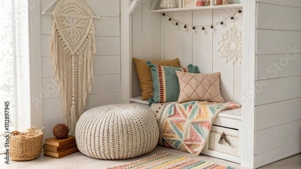 Obraz A charming reading alcove adorned with a knitted pouf multihued throw pillows and artistic macrame pieces creating a visually appealing and inviting atmosphere.