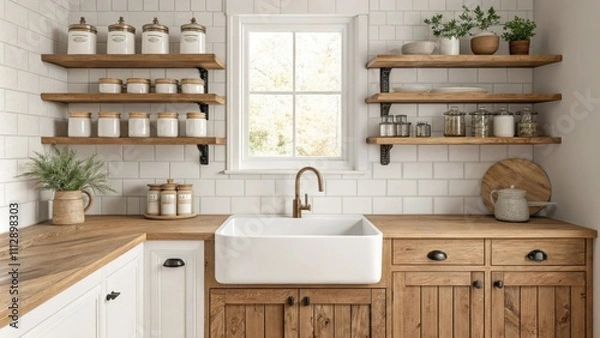 Fototapeta The inviting kitchen boasts sy wooden shelves filled with retro jars complemented by a prominent deep farmhouse sink that adds a touch of charm to the space.