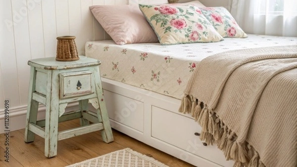 Fototapeta The room showcases a charming distressed wooden stool resting beside a bed complemented by a delicately patterned floral pillow and a simple beige blanket covering the
