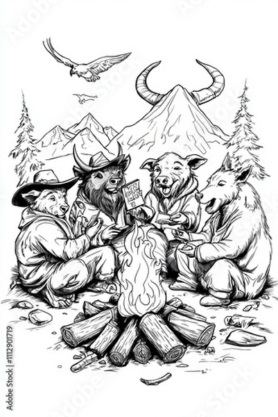 Obraz Illustration of four animals, including a bear, bison, boar, and wolf, gathered around a campfire in a forest setting.
