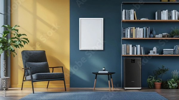 Fototapeta  A sleek coffee table sits at the center, adding functionality and style to the space. The room’s backdrop is accented with a vibrant blue and yellow wall, creating a contemporary, energetic atmospher