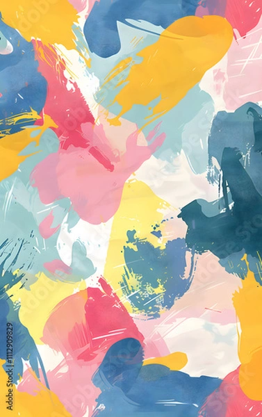 Fototapeta This vivid abstract art features bold brush strokes in pink, blue, yellow, and white hues. Ideal for contemporary decor, it adds a dynamic and artistic touch to any space