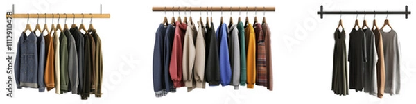 Fototapeta Clothes hang on a hanger and selves isolated on transparent background, Set of
