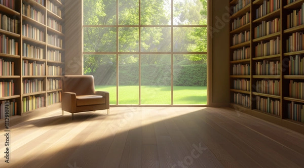 Fototapeta Cozy Library with Idyllic Park Views and Quiet Reading Nook