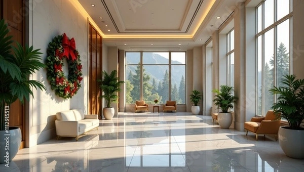 Fototapeta Elegant lobby decorated with holiday wreath and plants, featuring stunning mountain view