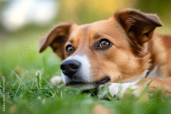 Fototapeta A thoughtful dog resting on the grass, gazing into the distance with a serene expression, perfectly capturing the bond between pets and nature in a calm outdoor setting.