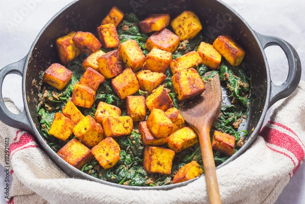Fototapeta Saag paneer. Fried paneer cheese with turmeric, onion, garlic and spinach 