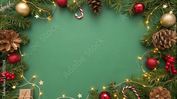 Fototapeta green background surrounded by Christmas decorations with an empty background in the middle
