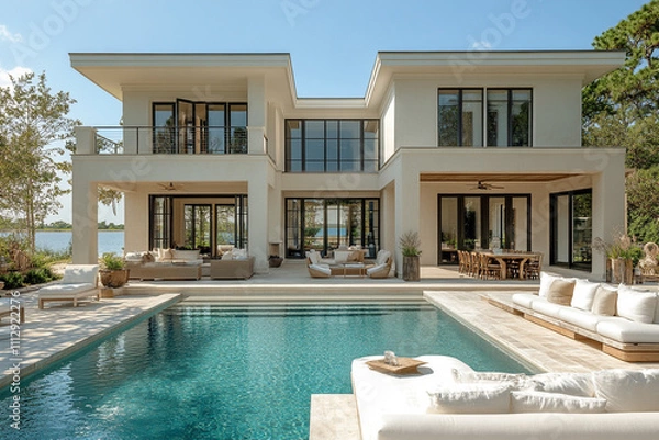 Obraz Modern Coastal Home with Pool and Expansive Outdoor Living Area