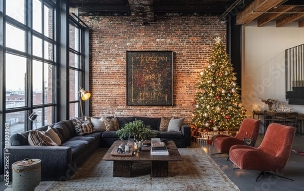 Fototapeta A modern rustic living room with an exposed brick wall, a Christmas tree decorated in earthy tones, and furniture with a mix of modern and vintage styles