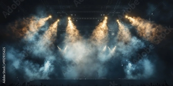 Fototapeta Dynamic plume of radiant smoke billowing upward, intersected by stadium spotlights, showcasing a dramatic and energetic concert scene in a shadowy void