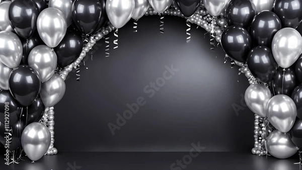 Obraz Black and silver balloons with ribbons on black background.