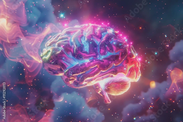 Fototapeta A 3D human brain model glowing with colorful lights is a creative idea.