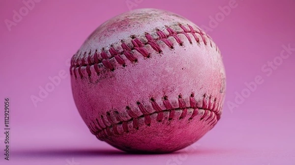 Fototapeta Close-up of a well-used, pink baseball with red stitching against a pink background.