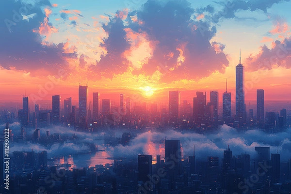 Fototapeta Cityscape Sunset Over Skyscrapers In A Misty City