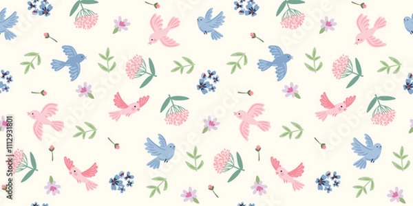 Obraz Delicate floral seamless pattern with cute birds. Vector design for paper, cover, fabric, interior decor and other