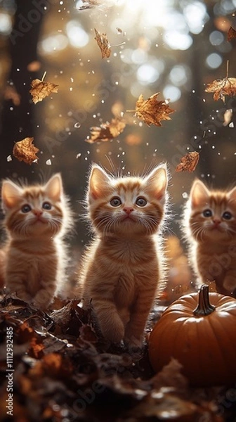 Fototapeta Little kittens with red stripes sit against a background of yellow leaves that have covered the ground. Warm sunlight softly illuminates their fluffy bodies, adding to the atmosphere of comfort and wa