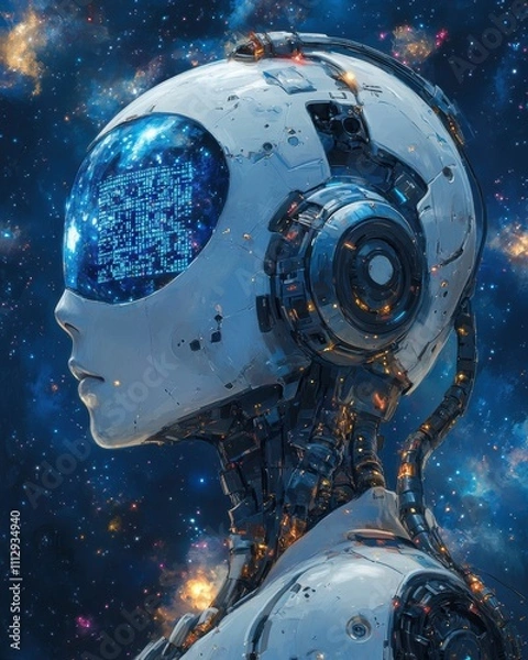Fototapeta Cybernetic head, data display, cosmic background.